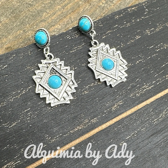 Turquoise and silver ethnic statement dangle long earrings/protection and peace - Picture 1 of 6